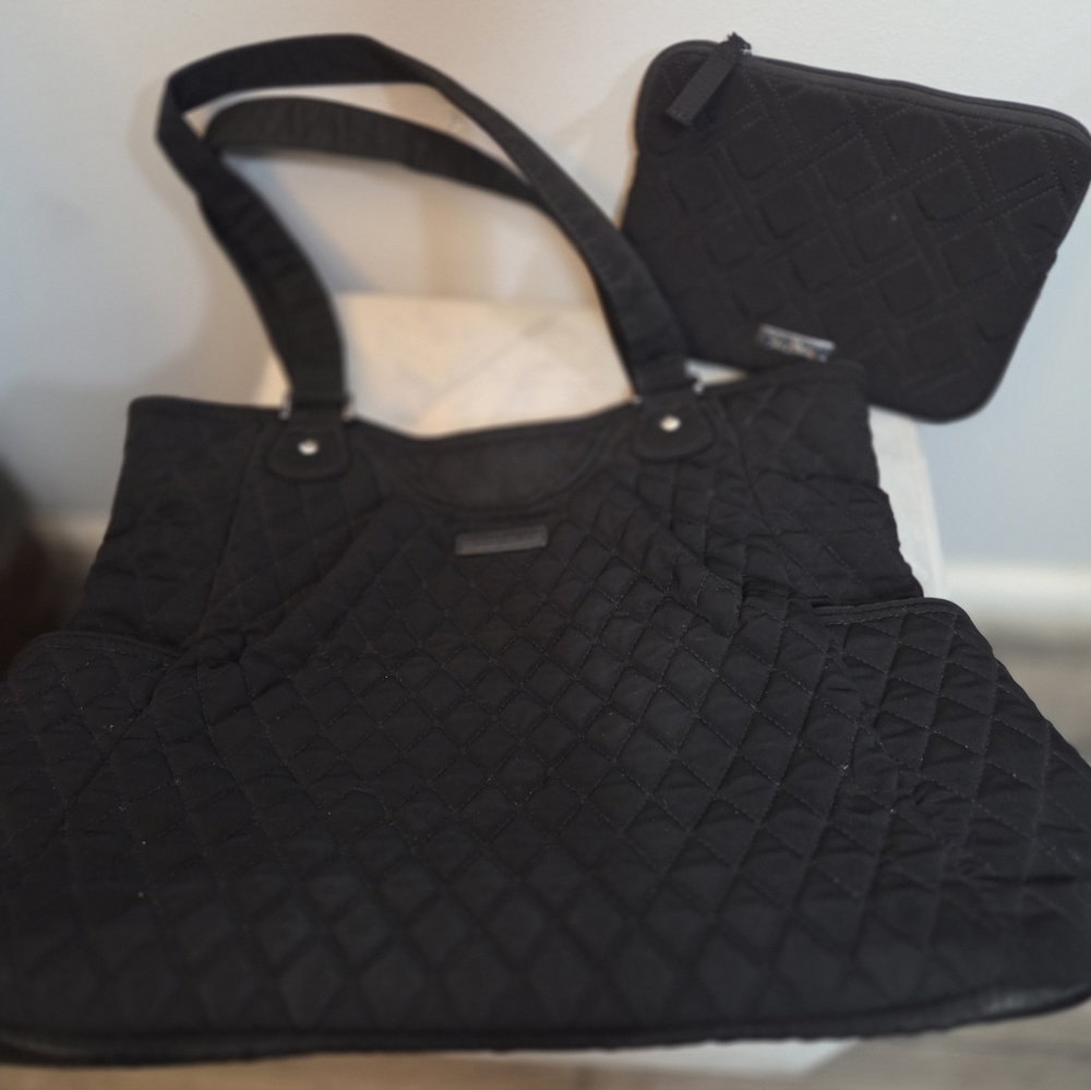 Vera Bradley Elegant Black Quilted Tote Bag with Matching Wallet